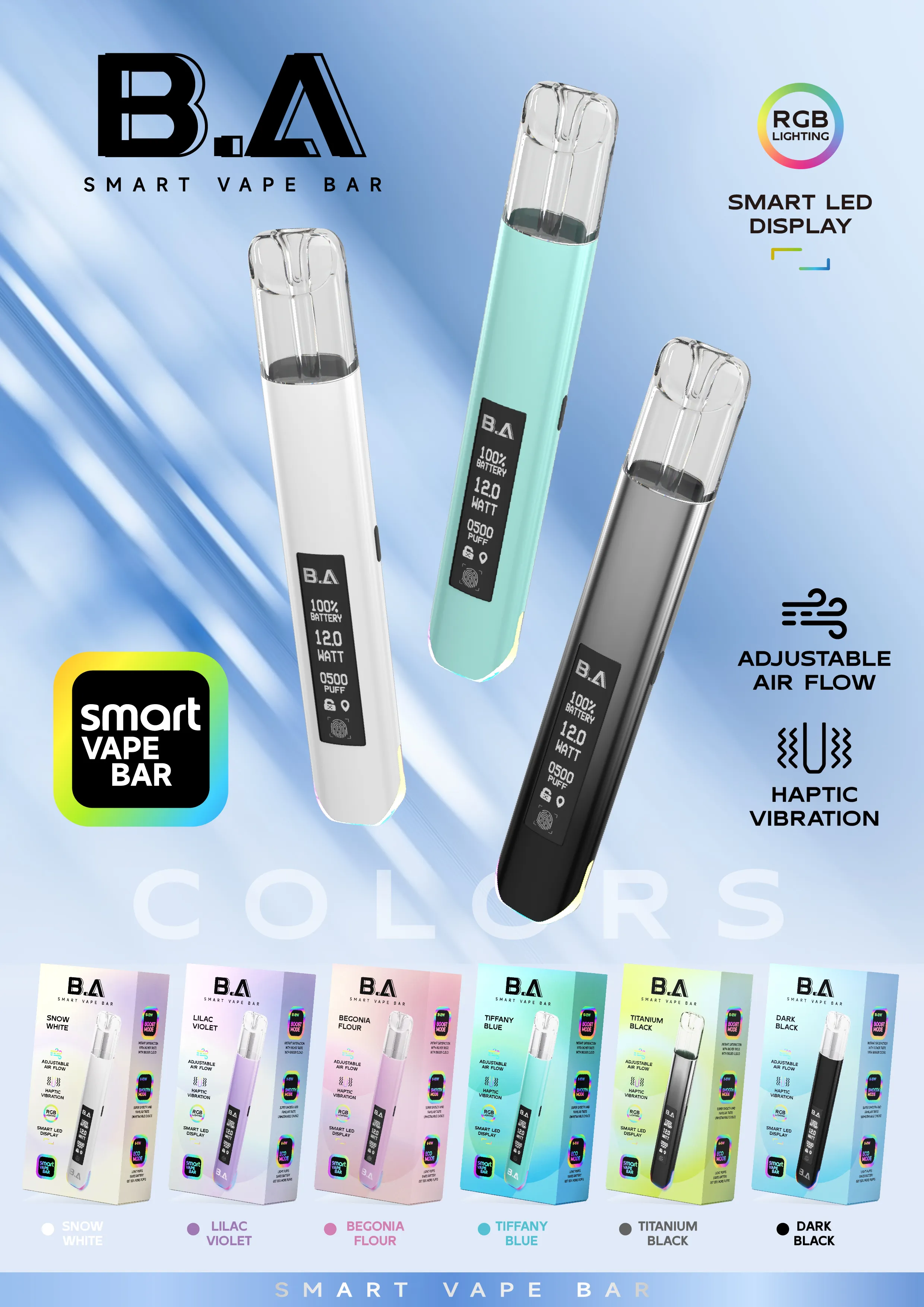 B.A 一代可調式主機 600mAh LED顯示發光煙桿｜台灣熱銷 適配一代煙彈（多色可選）